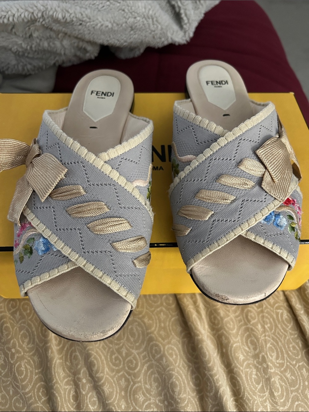 Fendi Gray and Cream Embroidered Cross-Strap Slide Mules